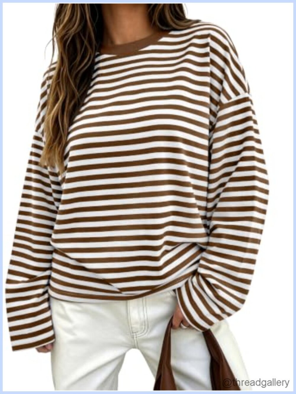 Womens Oversized Striped Long Sleeve Top Drop Shoulder Rayon Blend